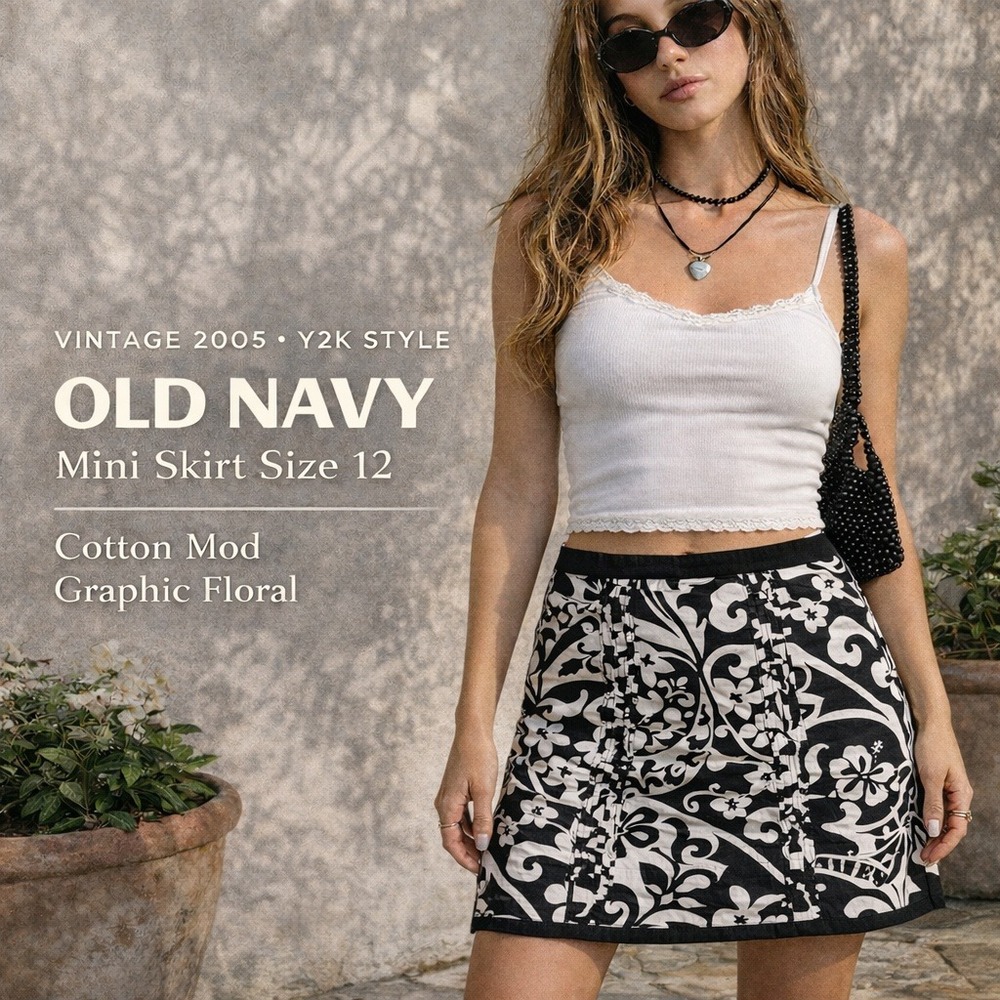 Vintage 05 Old Navy Y2K Black White Floral Mini Skirt Mod 12 Indie Sleaze Cotton